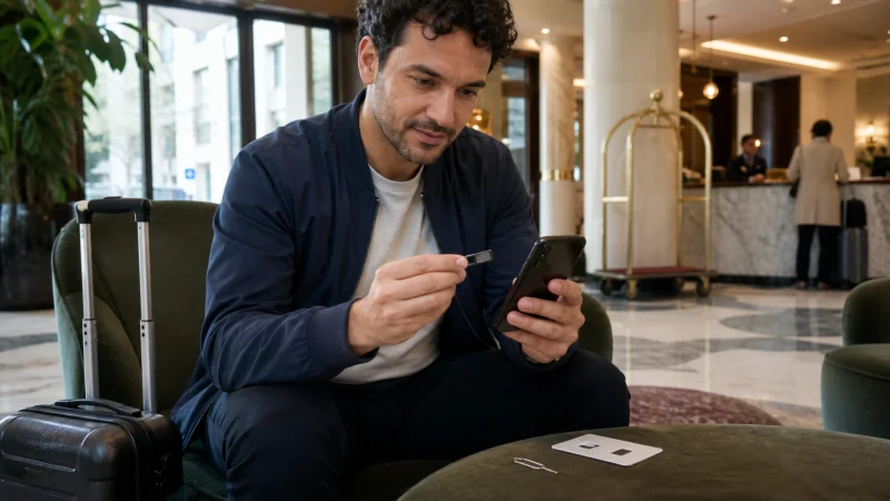 Traveller using a smartphone during a trip in Belgium