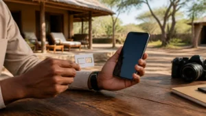 Traveller comparing a SIM card and phone in Botswana.
