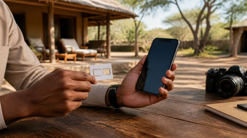 Traveller comparing a SIM card and phone in Botswana.