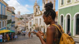 Traveller using a smartphone in Brazil for best sim card brazil
