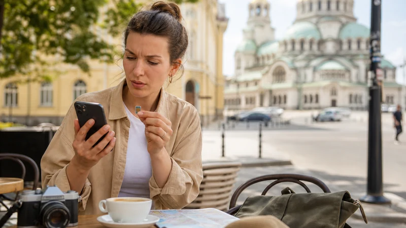 Traveller comparing a SIM card and smartphone in Sofia
