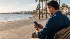 Traveller comparing SIM options on a smartphone in Larnaca