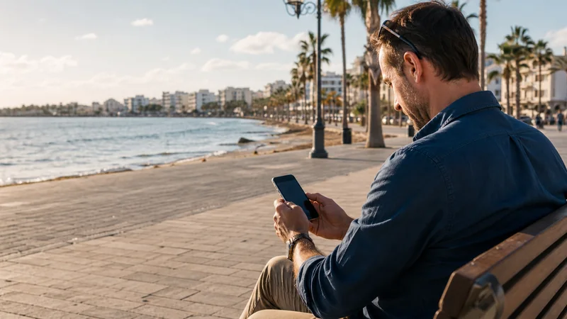 Traveller comparing SIM options on a smartphone in Larnaca