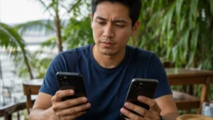 Traveller using a smartphone in El Salvador while researching best sim card for el salvador: local sim or travel esim?