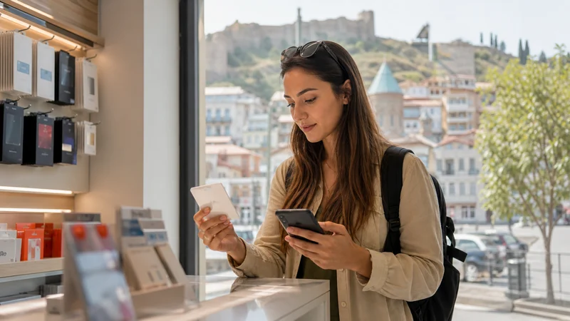 Traveller comparing a SIM card and smartphone in a Georgian mobile shop
