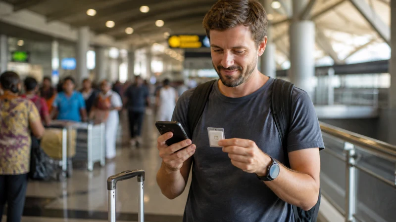 Traveller comparing a SIM card and smartphone at Kotoka airport