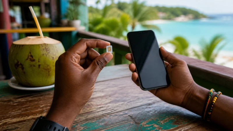 Traveller using a smartphone in Jamaica while choosing between a local SIM and travel eSIM