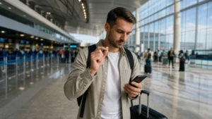 Traveller comparing a physical SIM and smartphone at an airport.