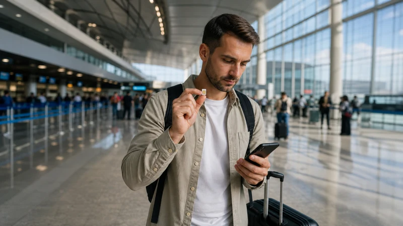 Traveller comparing a physical SIM and smartphone at an airport.