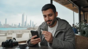 Traveller using a smartphone in a Kuwait setting related to esim or sim card in kuwait: which suits your trip?