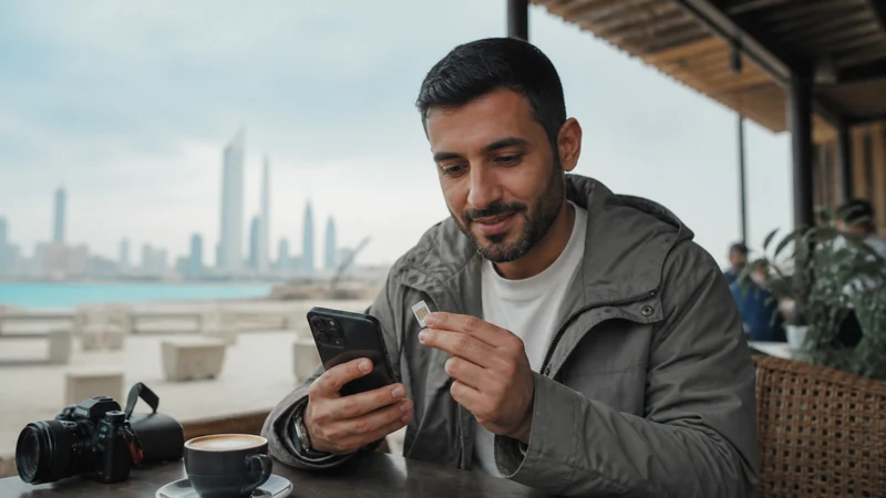 Traveller using a smartphone in a Kuwait setting related to esim or sim card in kuwait: which suits your trip?