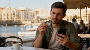 Traveller using a smartphone in Malta while choosing a local SIM or travel eSIM