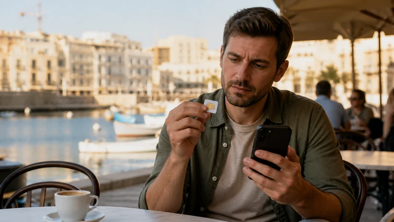 Traveller using a smartphone in Malta while choosing a local SIM or travel eSIM