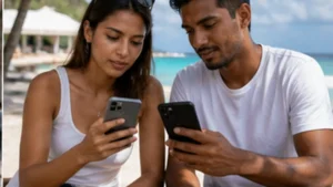 Traveller using a smartphone in Mauritius while researching best sim card for mauritius: local sim or travel esim?