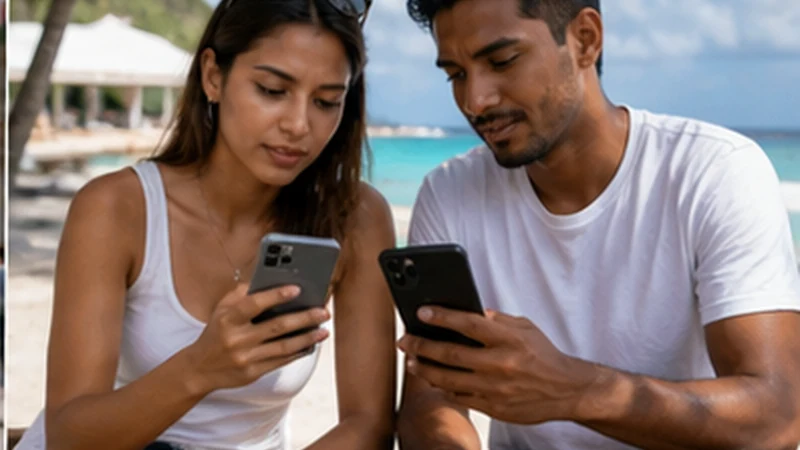 Traveller using a smartphone in Mauritius while researching best sim card for mauritius: local sim or travel esim?