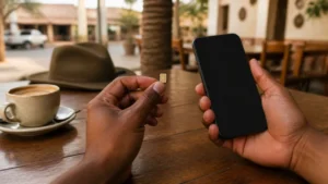 Traveller using a smartphone in Namibia while choosing between a local SIM and travel eSIM