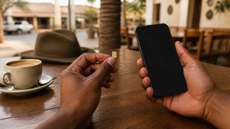 Traveller using a smartphone in Namibia while choosing between a local SIM and travel eSIM