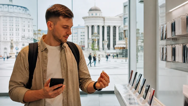 Traveller using a smartphone during best sim card for north macedonia in North Macedonia.