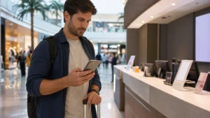Traveller near a neutral muscat telecom counter