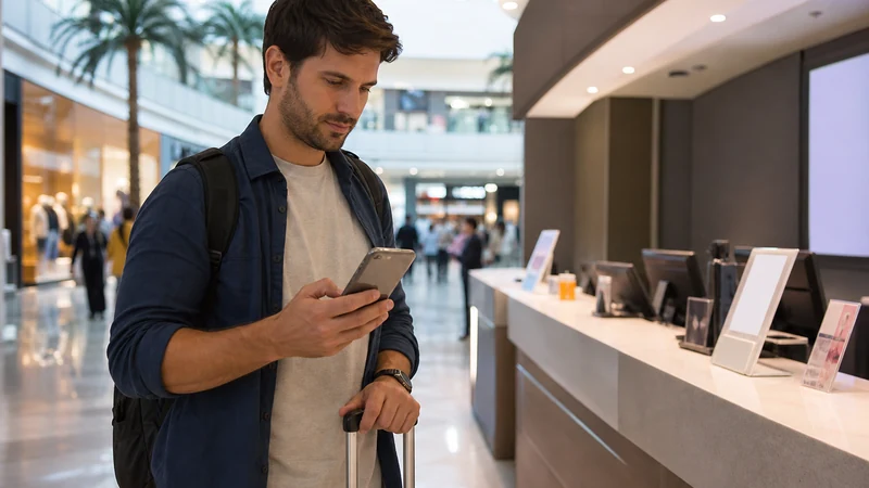 Traveller near a neutral muscat telecom counter