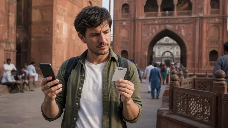 Traveller comparing a smartphone and SIM package in Lahore