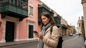 Traveller using a smartphone in Peru for best sim card peru