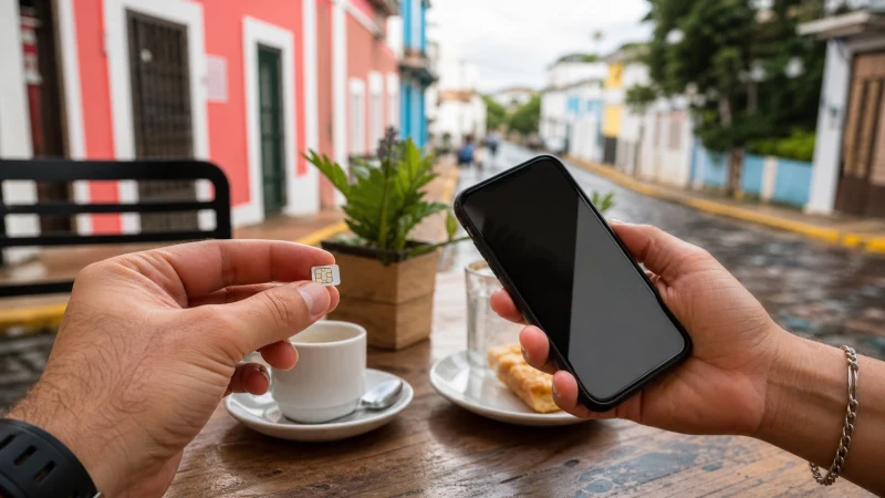 Traveller using a smartphone in Puerto Rico while choosing between a local SIM and travel eSIM