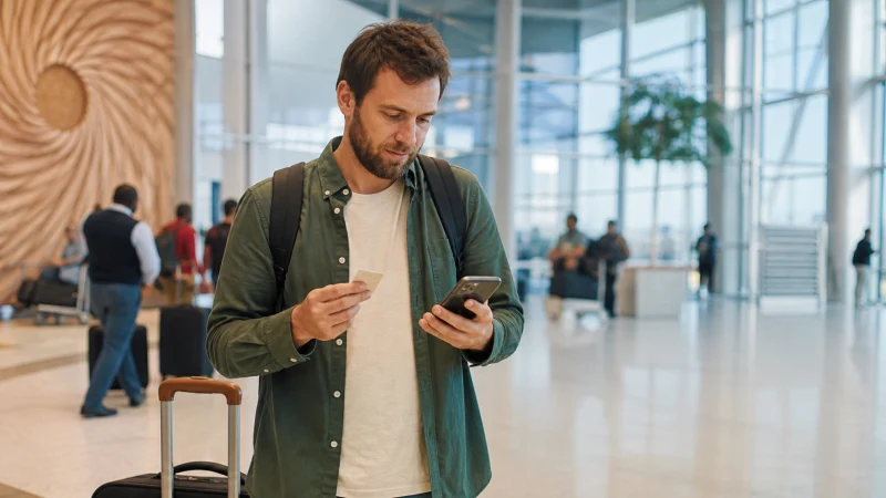 Traveller comparing a SIM card and smartphone at Kigali airport