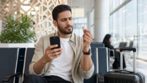 Traveller comparing a smartphone with a physical SIM card at a Saudi airport.