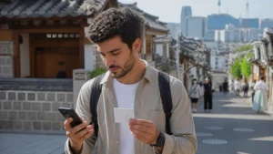 Traveller comparing a smartphone and SIM package in Seoul