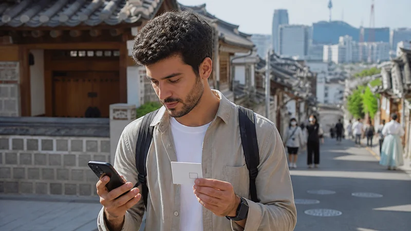 Traveller comparing a smartphone and SIM package in Seoul