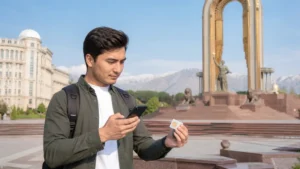 Traveller comparing a phone and SIM package in Dushanbe
