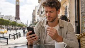 Traveller comparing mobile connectivity options in central Tunis