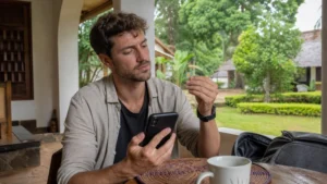 Traveller comparing a SIM card and phone in Uganda.