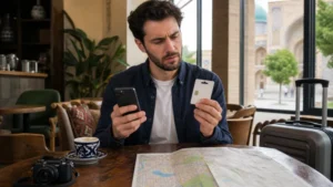 Traveller comparing a smartphone and SIM package in Uzbekistan.