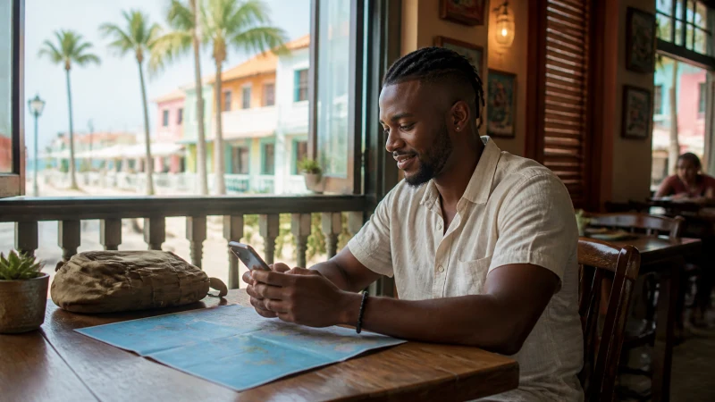 Traveller using a smartphone in an Oranjestad cafe