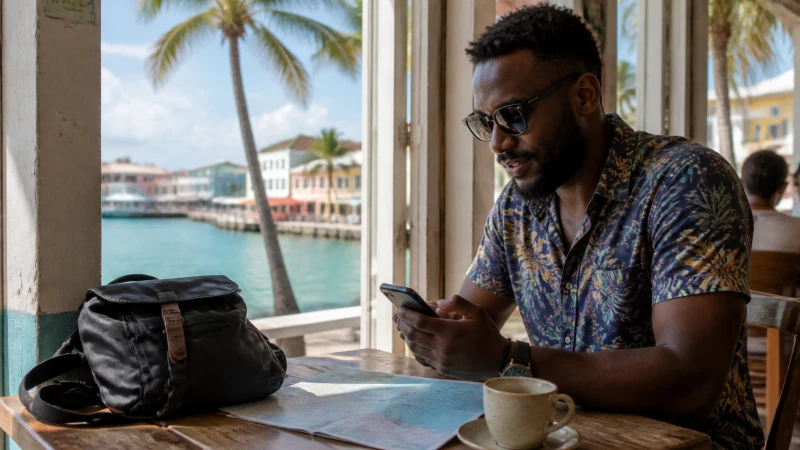 Traveller using a smartphone in a cafe in Nassau Bahamas