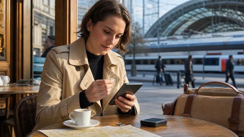Traveller using a smartphone during a trip in Belgium