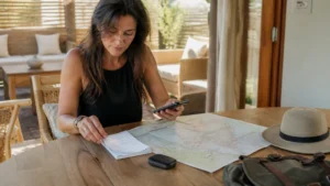Traveller checking a phone beside a Botswana road map.
