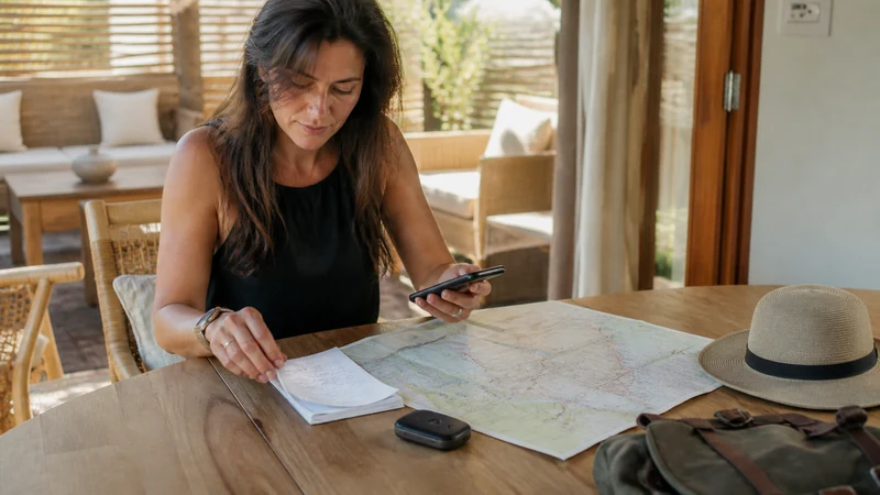 Traveller checking a phone beside a Botswana road map.