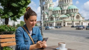 Traveller comparing internet options on a smartphone in Sofia