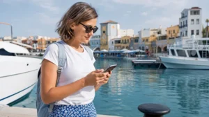Traveller checking internet options in Limassol