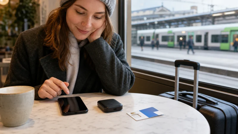 Traveller comparing internet options before a train journey in Finland