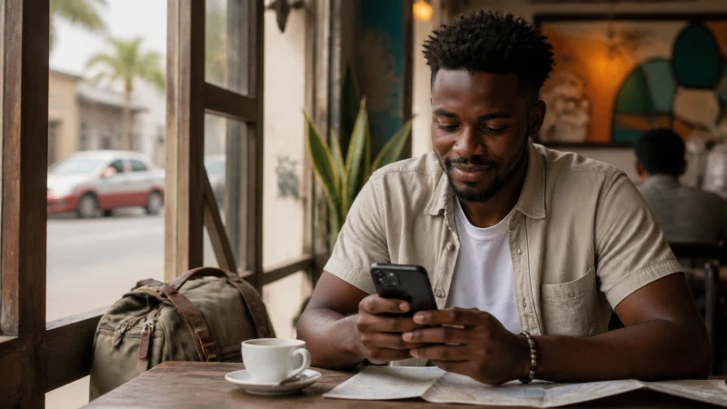 Traveller using a smartphone in a modern Accra cafe