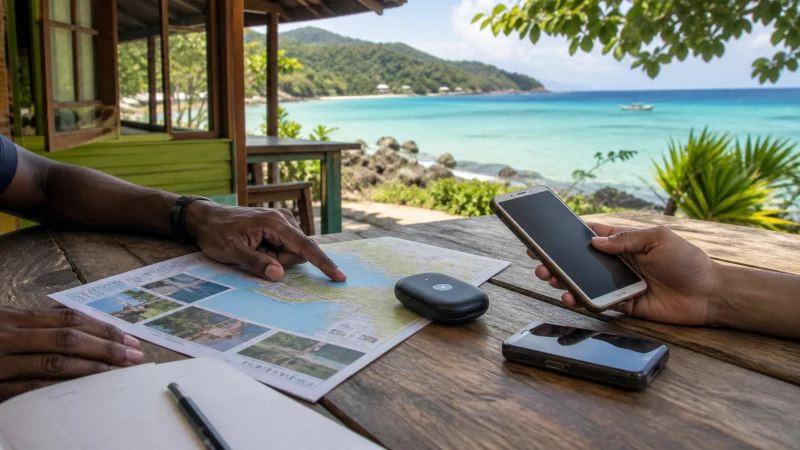 Traveller using a smartphone in Jamaica while choosing internet access for a Jamaica trip