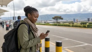 Traveller using a smartphone during a trip in Kenya