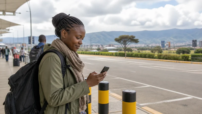 Traveller using a smartphone during a trip in Kenya