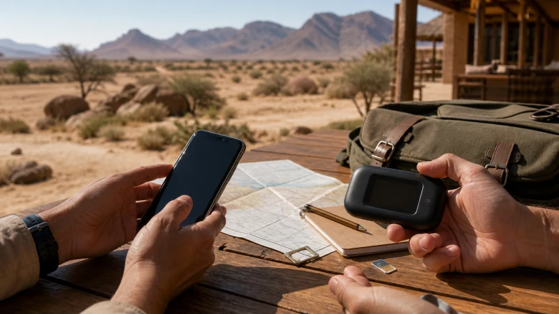 Traveller using a smartphone in Namibia while choosing internet access for a Namibia trip