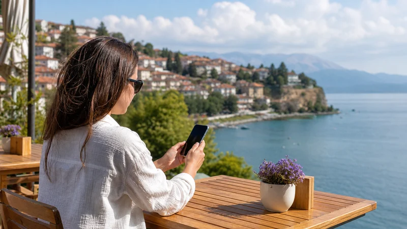Traveller using a smartphone during best way to get internet in north macedonia while travelling in North Macedonia.