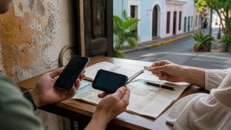 Traveller using a smartphone in Puerto Rico while choosing internet access for a Puerto Rico trip